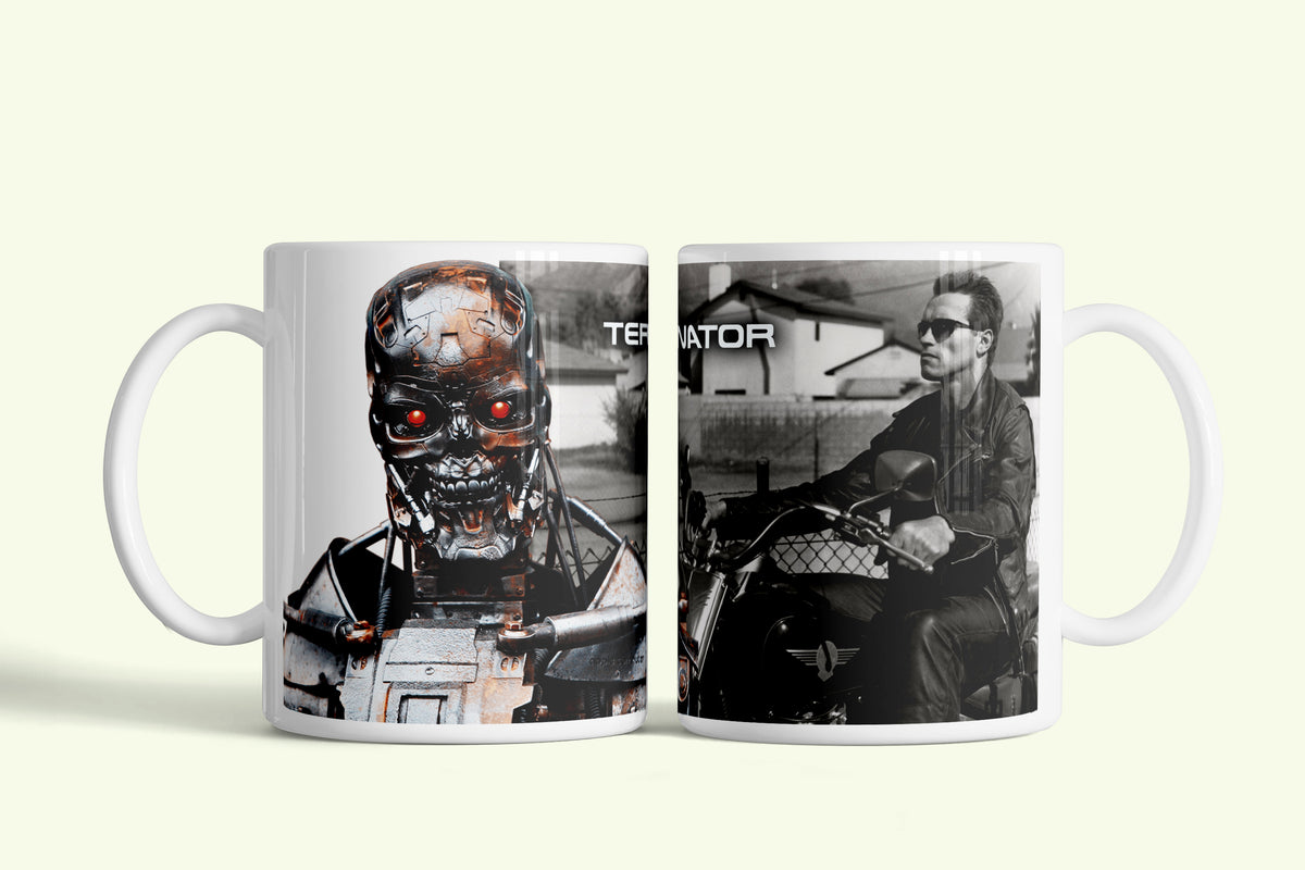 Terminator bögre, fehér kerámia, egyedi nyomtatott mintával