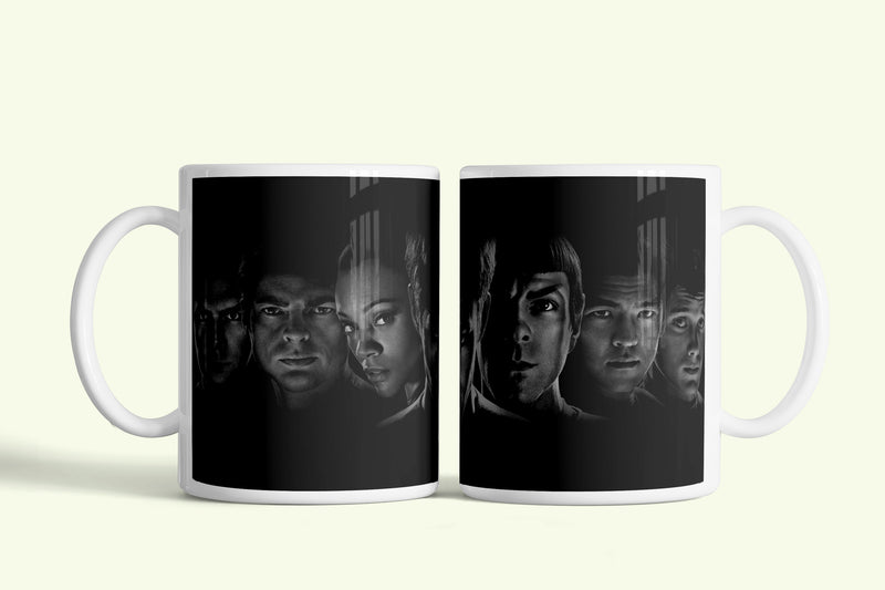 Star Trek új legénység bögre fekete-fehér szereplőkkel, fehér kerámia, egyedi nyomtatott mintával