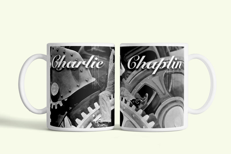 Chaplin bögre fogaskerekes Modern idők képpel, fehér kerámia, egyedi nyomtatott mintával