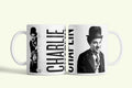 Chaplin bögre fekete-fehér portréval és felirattal, fehér kerámia, egyedi nyomtatott mintával