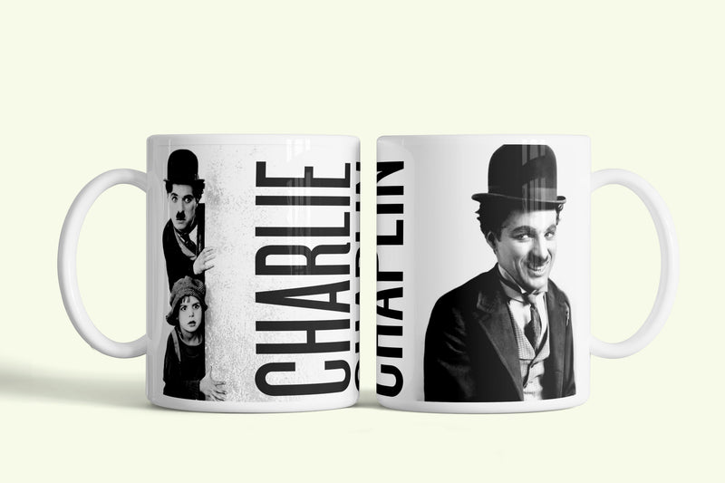 Chaplin bögre fekete-fehér portréval és felirattal, fehér kerámia, egyedi nyomtatott mintával