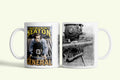 Buster Keaton bögre, fehér kerámia, egyedi nyomtatott mintával