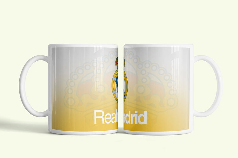 Real Madrid CF bögre fehér-sárga címerrel, fehér kerámia, egyedi nyomtatott mintával