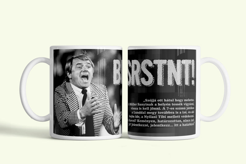 BDSRSTNT - Mészöly bögre, fehér kerámia, egyedi nyomtatott mintával