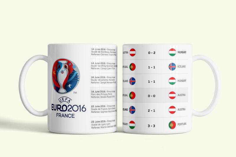 Magyar csapat Euro 2016 F csoport bögre eredményekkel, fehér kerámia, egyedi nyomtatott mintával