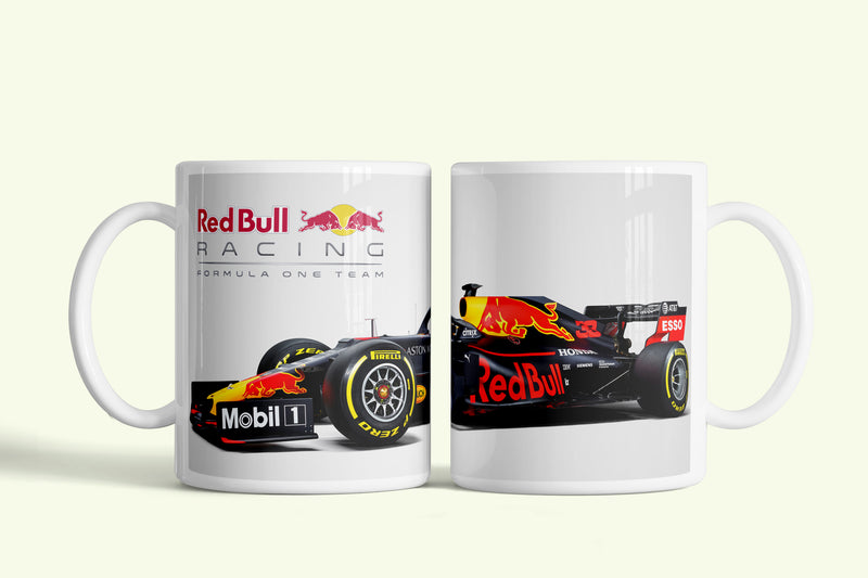Red Bull Racing bögre fehér, oldalnézeti F1 autóval, fehér kerámia, egyedi nyomtatott mintával