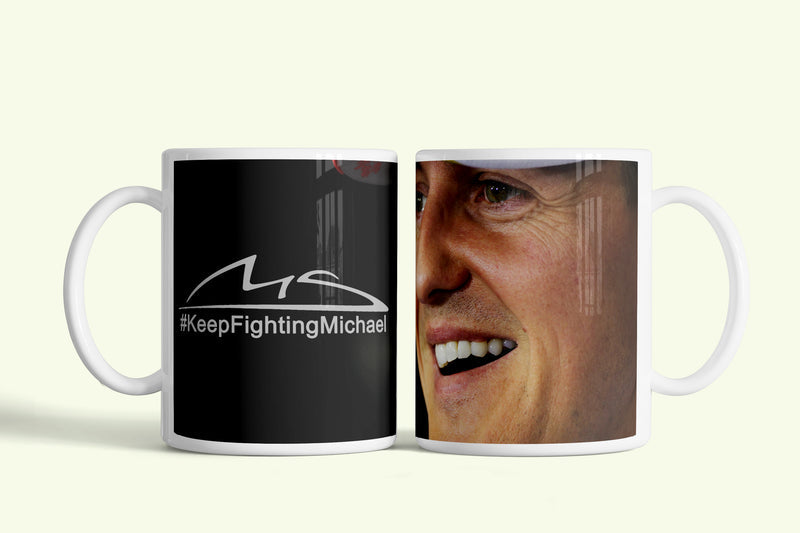 Michael Schumacher bögre #KeepFightingMichael portréval, fehér kerámia, egyedi nyomtatott mintával