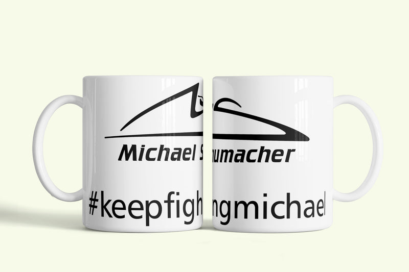 Michael Schumacher bögre logóval és #keepfightingmichael, fehér kerámia, egyedi nyomtatott mintával