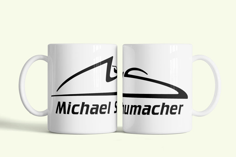 Michael Schumacher bögre fehér, fekete logóval, fehér kerámia, egyedi nyomtatott mintával