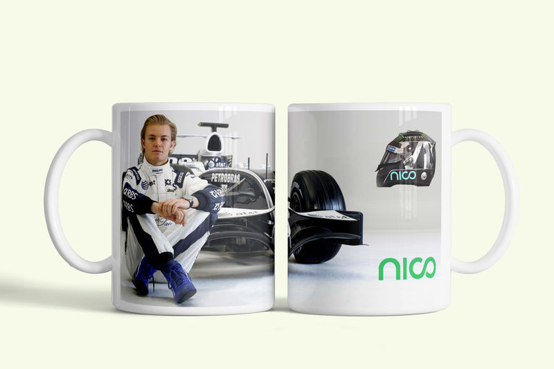 Nico Rosberg bögre, fehér kerámia, egyedi nyomtatott mintával
