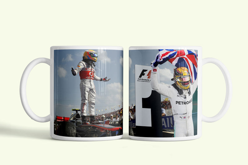 Lewis Hamilton bögre brit zászlós ünnepléssel, fehér kerámia, egyedi nyomtatott mintával
