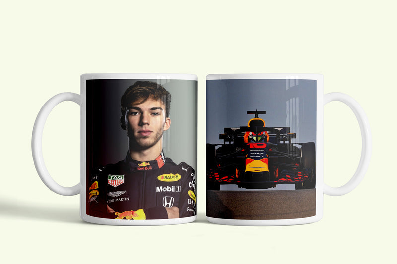 Pierre Gasly bögre, fehér kerámia, egyedi nyomtatott mintával
