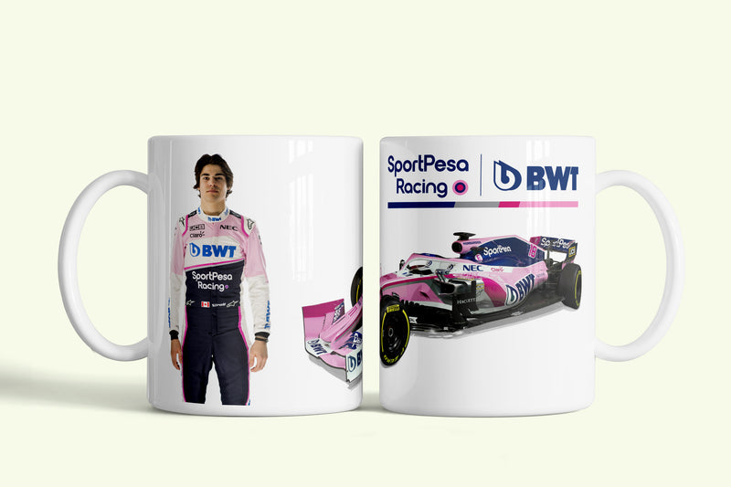 Lance Stroll bögre, fehér kerámia, egyedi nyomtatott mintával