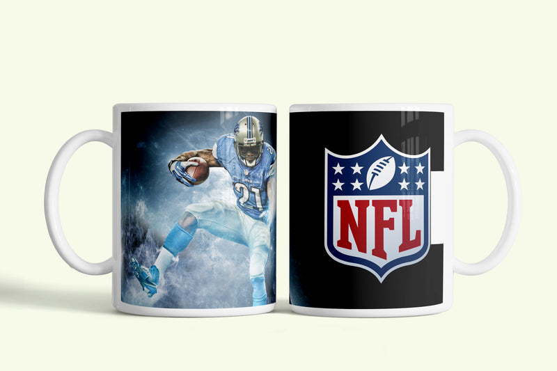 NFL bögre futó játékossal és logóval, fehér kerámia, egyedi nyomtatott mintával
