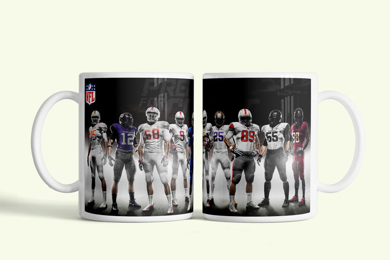NFL bögre játékosok sorával, fehér kerámia, egyedi nyomtatott mintával