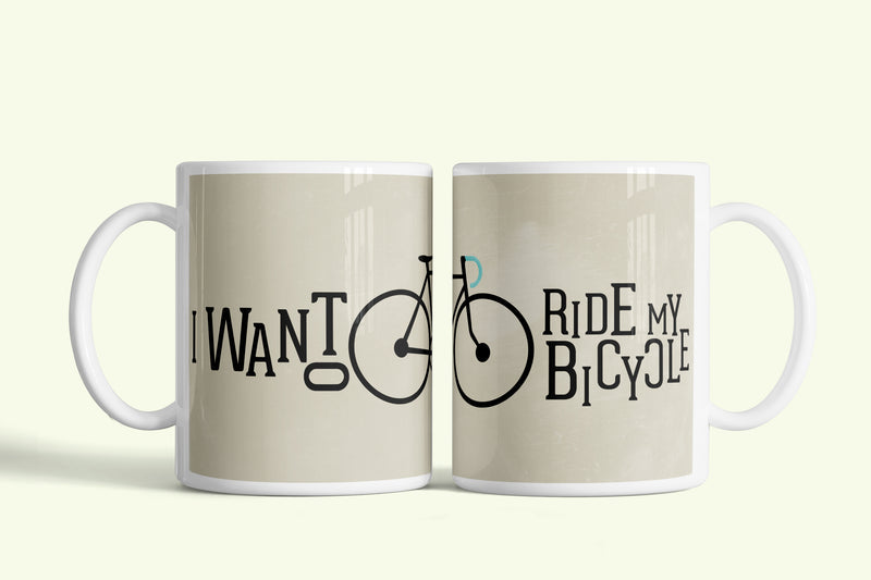 Bringás bögre „I want to ride my bicycle” felirattal, fehér kerámia, egyedi nyomtatott mintával