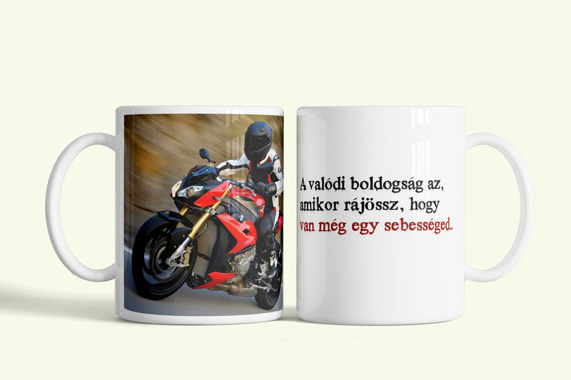 Motoros bögre piros sportmotorral és idézettel, fehér kerámia, egyedi nyomtatott mintával