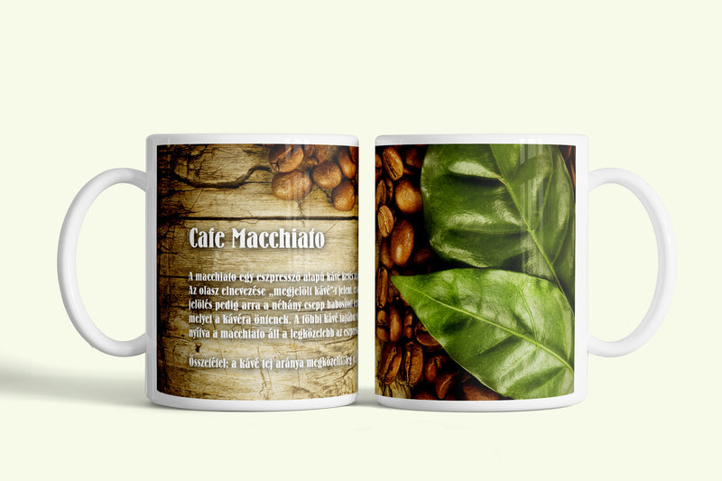 Kávérecept - Cafe Macchiato bögre, fehér kerámia, egyedi nyomtatott mintával