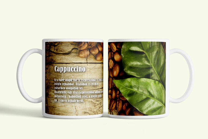 Kávérecept - Cappucino bögre, fehér kerámia, egyedi nyomtatott mintával