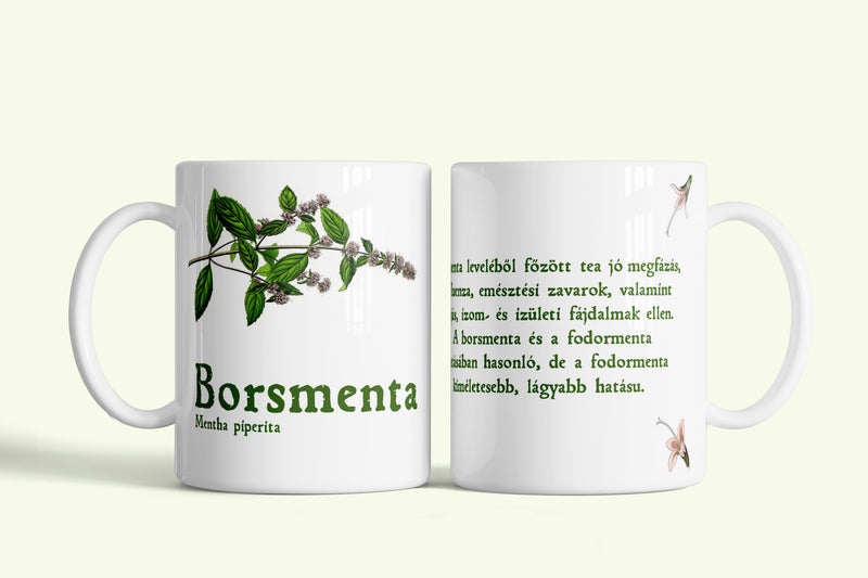 Borsmenta gyógytea bögre, fehér kerámia, egyedi nyomtatott mintával