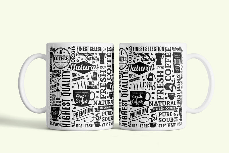 Angol feliratos bögre fekete-fehér kávés kollázzsal, fehér kerámia, egyedi nyomtatott mintával