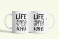 Angol feliratos bögre „Life begins after coffee”, fehér kerámia, egyedi nyomtatott mintával