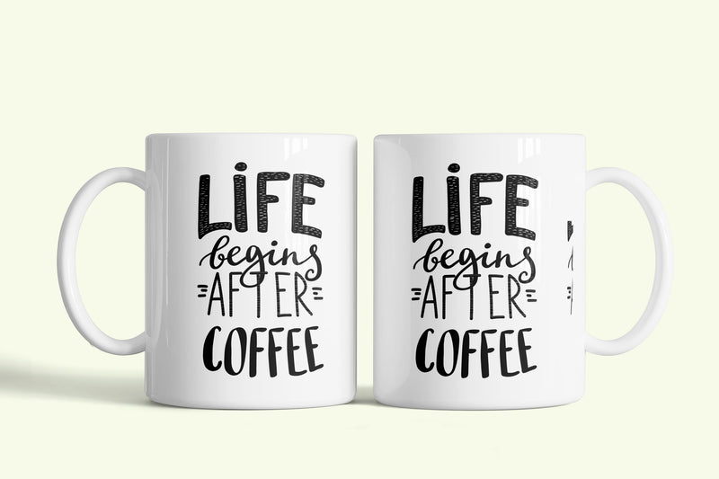 Angol feliratos bögre „Life begins after coffee”, fehér kerámia, egyedi nyomtatott mintával