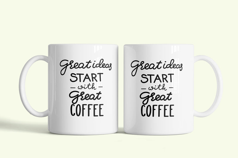 Angol feliratos bögre „Great ideas start with great coffee”, fehér kerámia, egyedi nyomtatott mintával