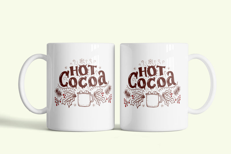 Kakaós bögre „Hot Cocoa” leveles mintával, fehér kerámia, egyedi nyomtatott mintával