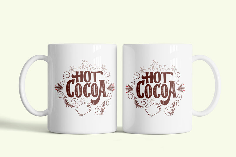Kakaós bögre „Hot Cocoa” cirádás kerettel, fehér kerámia, egyedi nyomtatott mintával