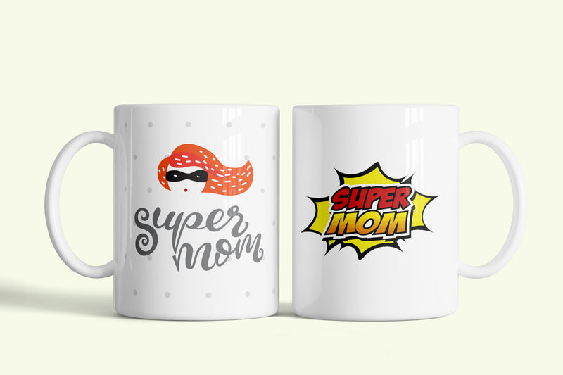 Szuperanyu bögre maszkos „Super mom” felirattal, fehér kerámia, egyedi nyomtatott mintával