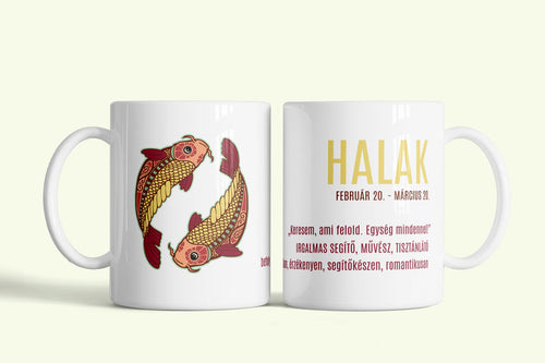 A halak tulajdonságai bögre, fehér kerámia, egyedi nyomtatott mintával