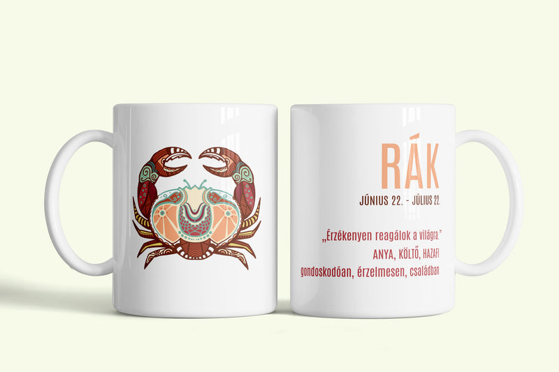 A rák tulajdonságai bögre, fehér kerámia, egyedi nyomtatott mintával