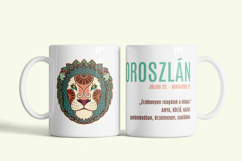 Az oroszlán tulajdonságai bögre, fehér kerámia, egyedi nyomtatott mintával