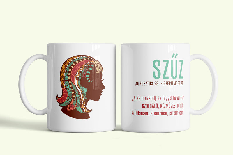 A szűz tulajdonságai bögre, fehér kerámia, egyedi nyomtatott mintával