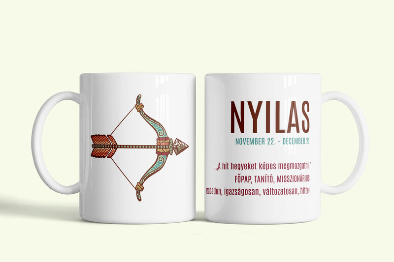 A nyilas tulajdonságai bögre, fehér kerámia, egyedi nyomtatott mintával