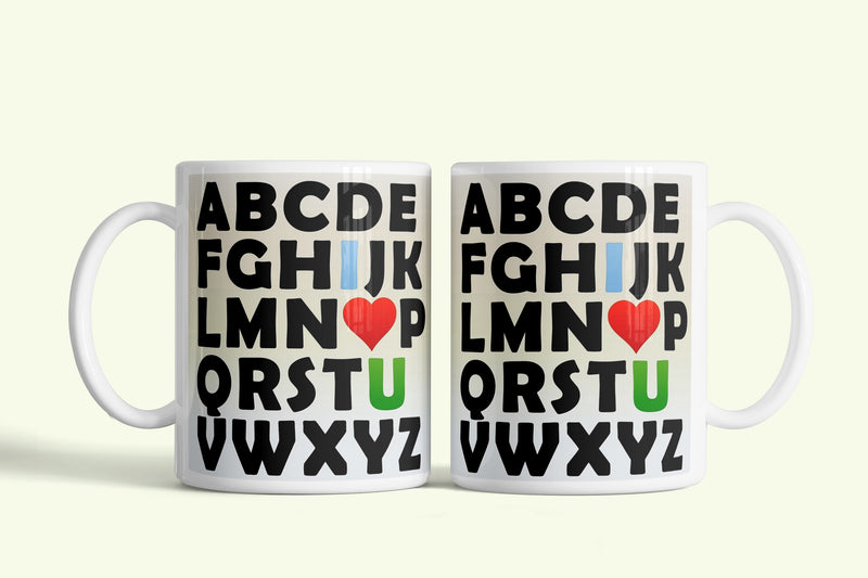 I love you bögre ábécés szívvel, fehér kerámia, egyedi nyomtatott mintával