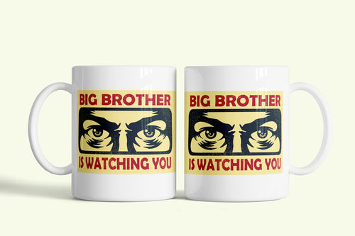 A nagy testvér figyel téged bögre „Big Brother” szemekkel, fehér kerámia, egyedi nyomtatott mintával