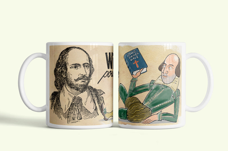 William Shakespeare bögre, fehér kerámia, egyedi nyomtatott mintával