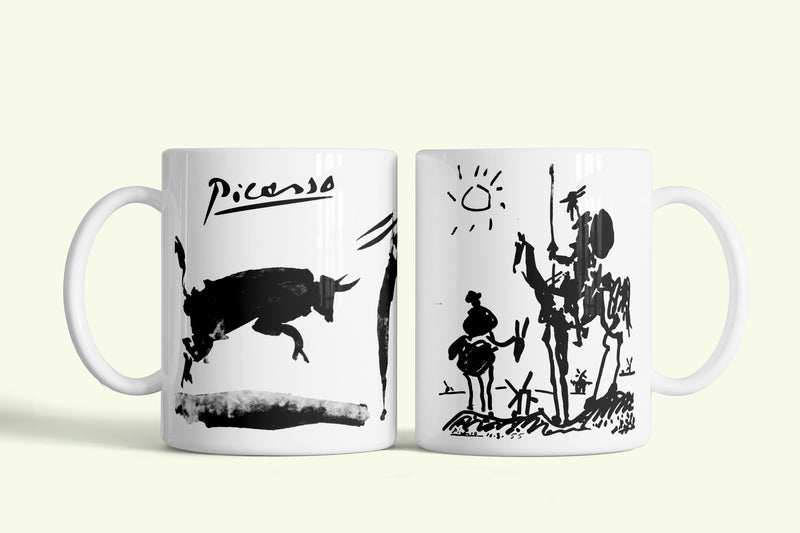 Picasso bögre bikás és Don Quijote rajzzal, fehér kerámia, egyedi nyomtatott mintával