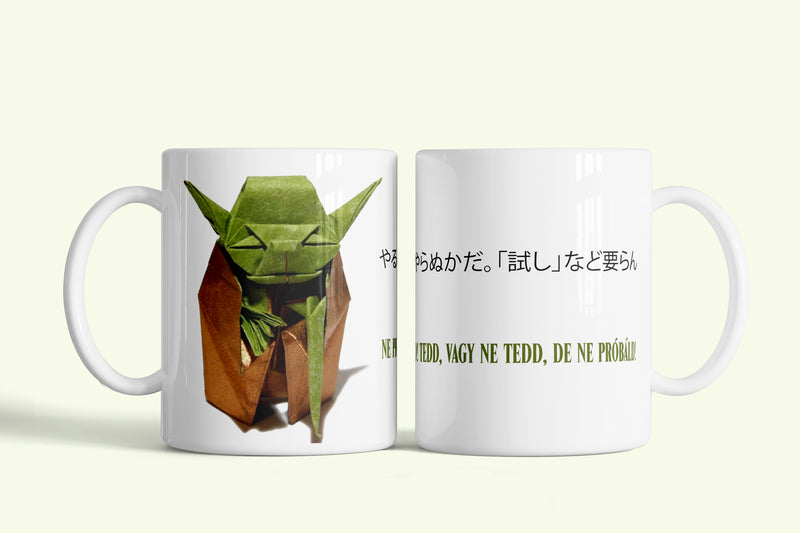 Origami Yoda bögre, fehér kerámia, egyedi nyomtatott mintával