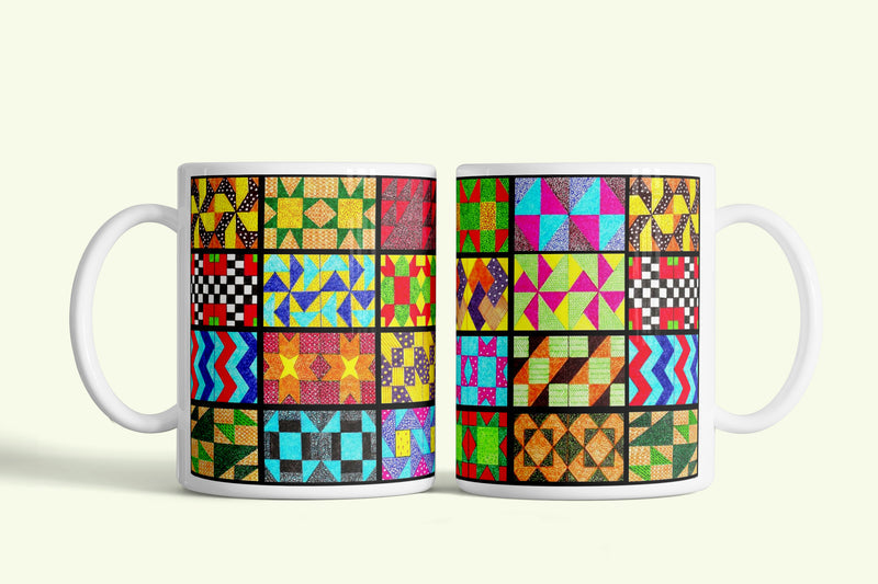 Patchwork - foltvarrás takaró bögre geometrikus mintával, fehér kerámia, egyedi nyomtatott mintával