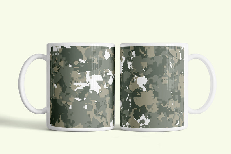 Camouflage bögre szürke digitális terepmintával, fehér kerámia, egyedi nyomtatott mintával
