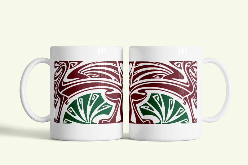Art Nouveau bögre bordó-zöld mintával, fehér kerámia, egyedi nyomtatott mintával