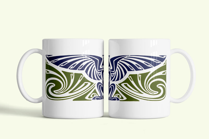 Art Nouveau bögre kék-zöld mintával, fehér kerámia, egyedi nyomtatott mintával