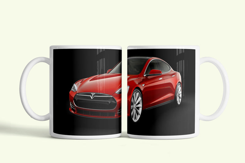 Tesla bögre fekete, piros Model S-sel, fehér kerámia, egyedi nyomtatott mintával
