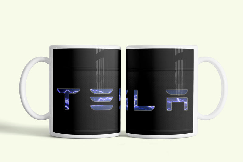 Tesla bögre fekete, kék TESLA felirattal, fehér kerámia, egyedi nyomtatott mintával