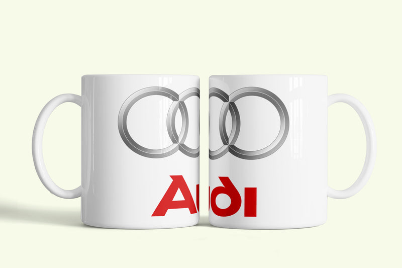Audi bögre fehér, piros felirattal, fehér kerámia, egyedi nyomtatott mintával
