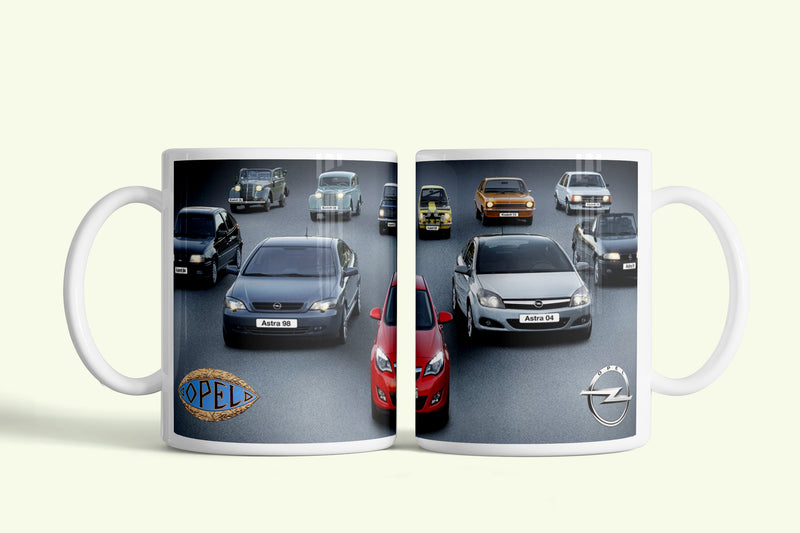 Opel bögre forgalmas utcai autókkal, fehér kerámia, egyedi nyomtatott mintával