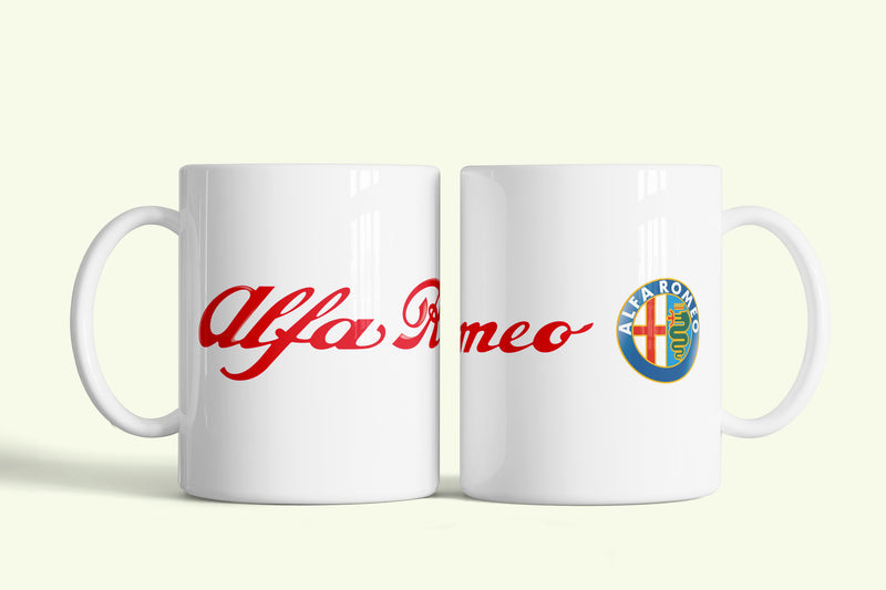 Alfa Romeo bögre fehér, piros felirattal, fehér kerámia, egyedi nyomtatott mintával